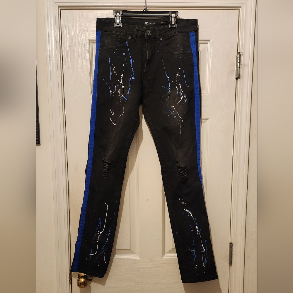 Waimea Skinny Fit Jeans Black w/Blue & White Paint Splatter, Blue Stripe 30x 32